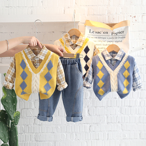 Autunno abbigliamento per bambini Set per bambini maglione all'ingrosso camicia a quadri Set <span class=keywords><strong>Jeans</strong></span> per ragazzi Set di stoffa per bambini stile britannico - Product Image 5