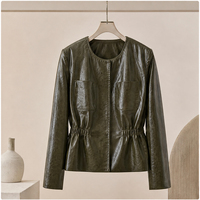 Veste en cuir d'agneau à col rond et boutons pression pour femme, manteau en cuir véritable à taille élastiquée
