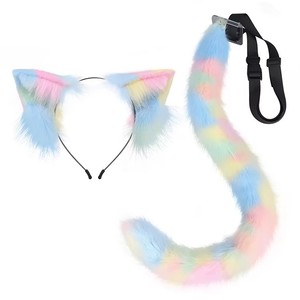Diadema de oreja de gato de tres flores de felpa hecha a mano y conjunto de cola simulación bestia Cosplay prop para exposiciones de cómic - Product Image 1