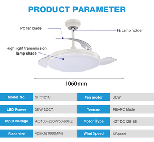 Ventilateur de plafond rétractable à LED avec lumière, 6 vitesses, moteur 42 pouces, 3 pales, pour salon et chambre à coucher, modèle SF1121C, vente en gros - Product Image 4