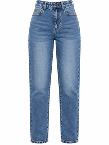 Jeans de Mezclilla de Cintura Alta, Corte Bootcut, Largos, Lavado Claro, para Mujer, Casuales, Verano, Transpirables, Ajuste Cómodo, Azul Sólido, Algodón - Product Image 1