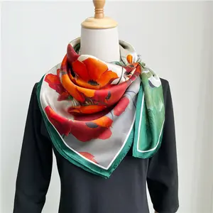 Spring Floral Red yellow green digital printing design large square 12MM satin scarf 108cm silk headscarf custom silk scarf wome