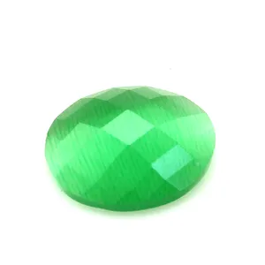 Fast Delivery Manufacturer Bulk Sale Machine Cut Oval Checker Top Flat Bottom Synthetic Green Cats Eye Stone