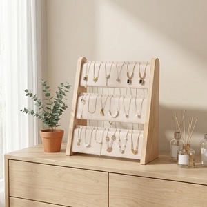 Wood Jewelry Display Rack Velvet Three Tier Vertical Desktop Organizer For Home And Street Use - Product Image 1
