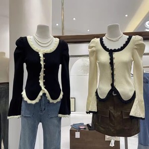 RNSHANGER estilo coreano mujeres suéter moda manga hinchada peludo Color contraste prendas de vestir exteriores Vintage manga larga suéter femenino - Product Image 1