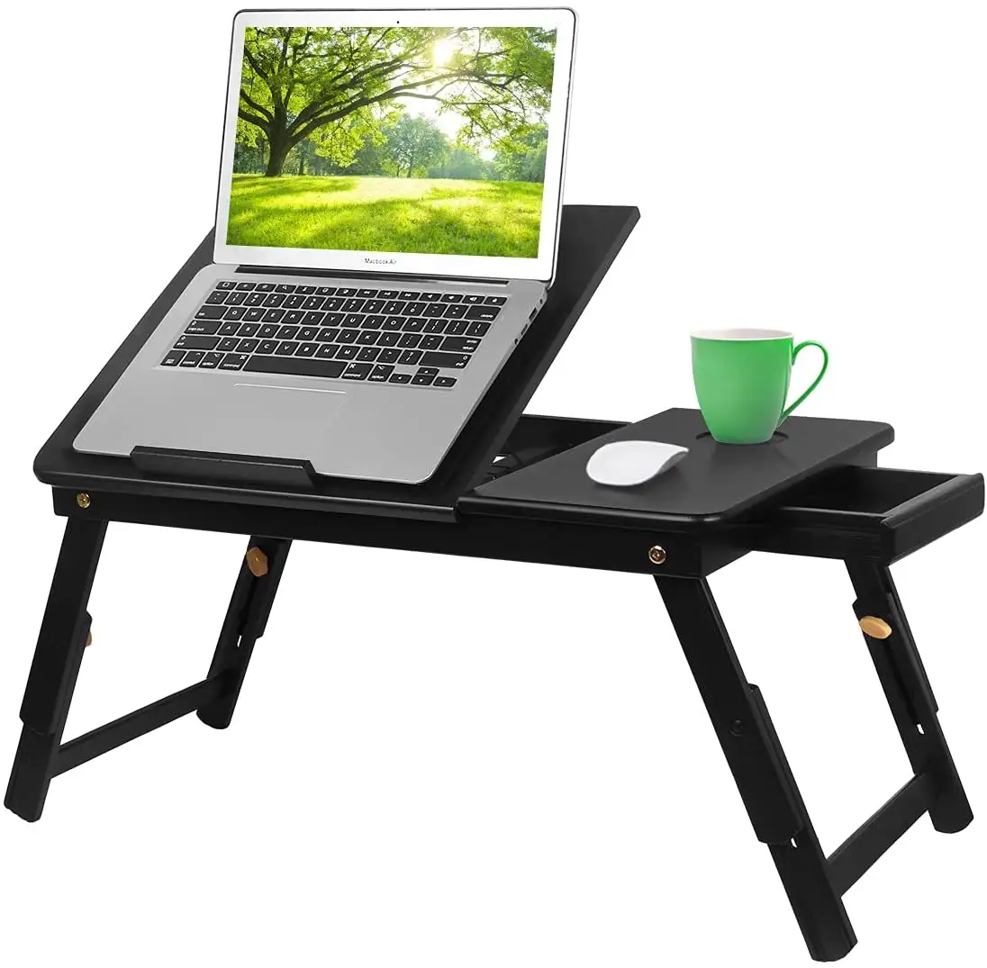 Meja Laptop bambu, Meja lantai dengan kaki lipat dan pemegang cangkir untuk ruang tamu, ruang tamu, Kamar Tidur