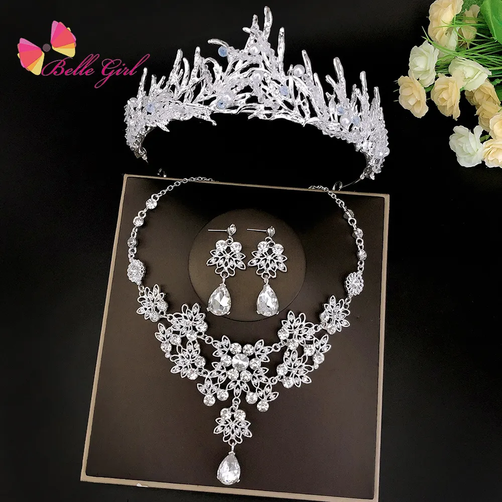 BELLEWORLD 14 estilos belleza nupcial tiaras y coronas novia rhinestone plata collar pendientes conjuntos de joyería para boda