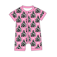 Pelele de Bambú Personalizado para Bebés, Estilo Occidental, Estampado de Ganado, Manga Corta, con Cierre para Niñas