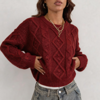 Suéter de punto trenzado para mujer de marca privada, cuello redondo vintage, top corto de manga larga, patrón de rombos, ajuste relajado, pulóveres