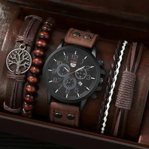 Montre-<span class=keywords><strong>bracelet</strong></span> à quartz décontractée pour homme, <span class=keywords><strong>bracelet</strong></span> en PU à double boucle, cadran en verre de 44 mm, affichage numérique, <span class=keywords><strong>faux</strong></span> trois yeux, calendrier, <span class=keywords><strong>bracelet</strong></span> en cuir - Product Image 4