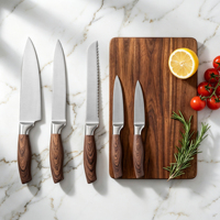 Ensemble de 5 couteaux de cuisine avec manche en bois grainé, acier inoxydable 30cr13+430, couteau de chef, couteau à pain, couteau utilitaire, accessoires de cuisine, FDA LFGB BSCI FSC
