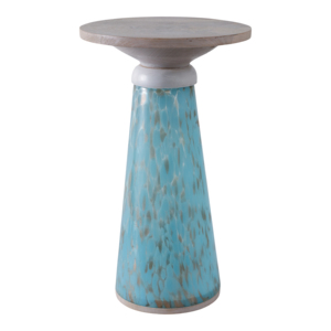 Mesa auxiliar moderna de vidrio con superficie de madera y base azul marmoleada para sala de estar o dormitorio - Product Image 3