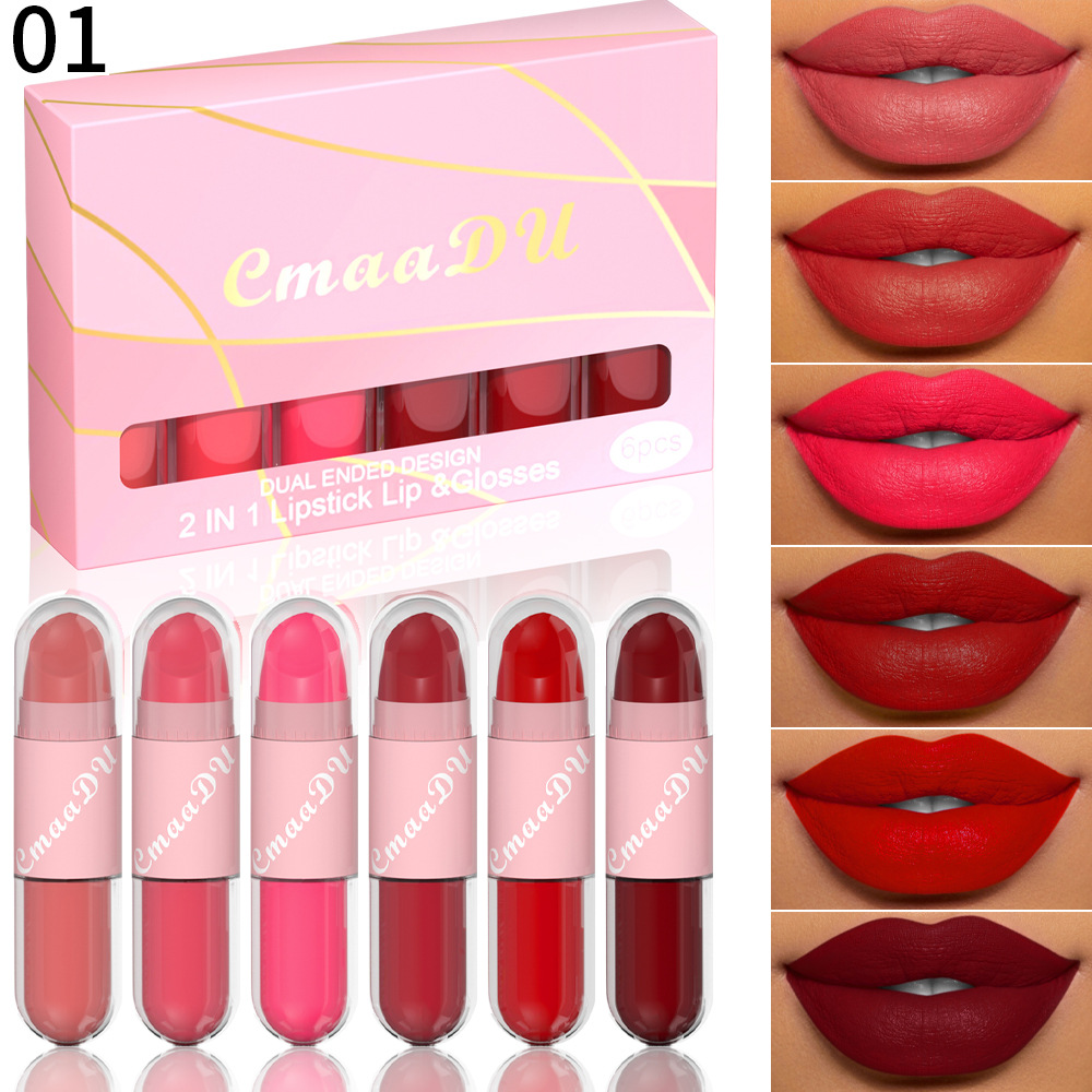 6 buah/kotak 2 dalam 1 lipstik cair Matte + cat wajah Set Makeup Bibir tahan air beludru seksi Kit tongkat bibir merah tua