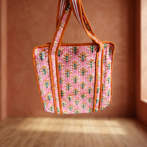 Floral Design Orange Floral Quilted Tote <b>Bag</b> Machine-made Stylish Summer & Autumn Carry <b>Bag</b> for Travel & <b>Weekend</b> Friendly <b>Bags</b> - Product Image 3