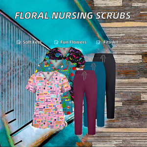 Conjuntos de Uniformes Médicos con Estampado de Flores Bonitas 2025, Uniformes de Hospital Unisex Cómodos, Material Spandex, Tela Twill, Medicina y Belleza - Product Image 2