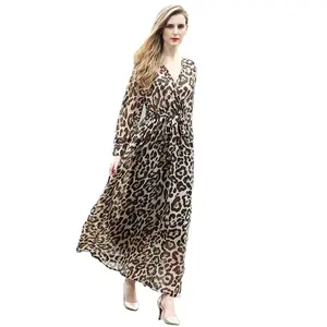 Custom Fall Hot Sale Women Clothing Long Sleeve Chiffon Leopard Printed Maxi Casual Dresses For Ladies
