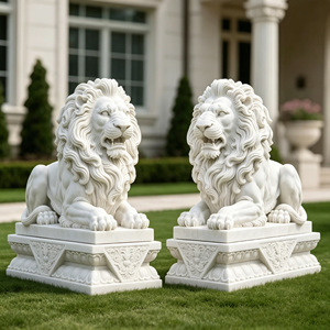 Statues de lions couchés en marbre naturel de qualité supérieure, sculpture de lion en pierre blanche sculptée à la main pour l'entrée d'hôtels et de villas - Product Image 1