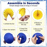 Décorations de fête bleues et jaunes, éventails en papier bleu marine et jaunes, boules en nid d'abeille et lanternes pour anniversaire, baby shower, mariage