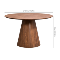 Table à manger ronde sur piétement conique massif, placage en bois de noyer, plateau fixe en MDF
