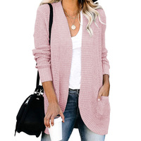 Cardigan en tricot pour femme en polyester acrylique uni décontracté à col en V long avec poches
