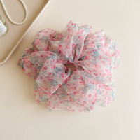 Scrunchie Rambut Organza Motif Bunga Vintage, Kain Kasa Transparan, Ikat Rambut Elastis Ukuran Besar, Aksesoris Rambut Wanita untuk Sehari-hari