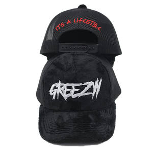 Chapeau en maille de camionneur en velours flou à 5 panneaux avec logo personnalisé brodé Casquette en gros - Product Image 2