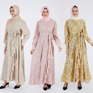 MOTIVE FORCE Mode Abayas Dubai Frauen Islamische Kleidung Langes Blumen druck Muslimisches Kleid Mit Schleife Rüschen