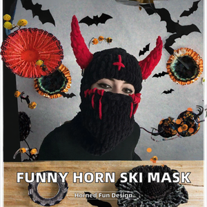 Bonnet cagoule tricoté noir et rouge avec applique croix, masque intégral, style punk unisexe, bonnet d'hiver pour adulte - Product Image 2