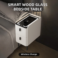 Table de chevet moderne multifonctionnelle en bois massif avec plateau en verre, charge sans fil, éclairage LED, 2 tiroirs pour appartement et chambre à coucher