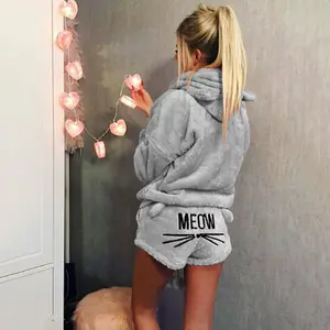 Pyjama en velours de corail pour femmes, ensemble deux pièces, tenue chaude, sweat à capuche, short, motif chat mignon, automne-hiver,, 5XL