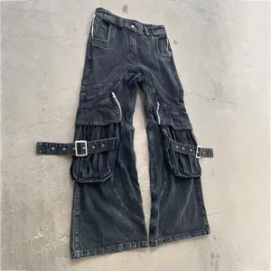 Özel dalga patchwork denim pantolon toptan boot cut soluk vintage moda yıkanmış kot