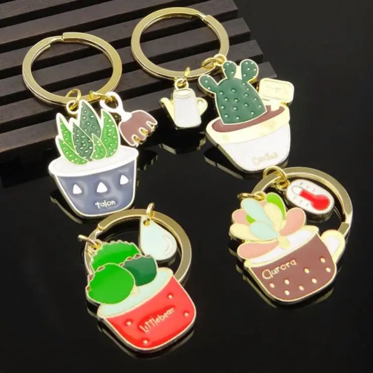 custom funny Cute Succulent Cactus Pot Plants Keychains Key rings For Women Bag Car charm 3D metal Key chains Cactus Lover Gift