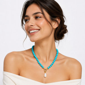 <span class=keywords><strong>Collana</strong></span> all'ingrosso con <span class=keywords><strong>perle</strong></span> sfaccettate <span class=keywords><strong>di</strong></span> <span class=keywords><strong>turchese</strong></span> naturale da 10 mm, ciondolo con perla barocca, chiusura fai da te, collane vintage bohémien da donna con perline - Product Image 6