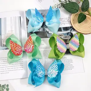 AOQI Custom New Selling Angel Wings Silk Bow Hair Clip 15cm High Quality Alligator Clip Hairpin Girls Hair Accessories