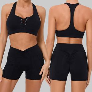 Ensembles d'entraînement pour femmes Soutien-gorge de <span class=keywords><strong>sport</strong></span> pour le dos nageur et short de yoga froncé à la taille en V avec poches Vêtements actifs Gym Fitness Set Yoga Outfits - Product Image 3