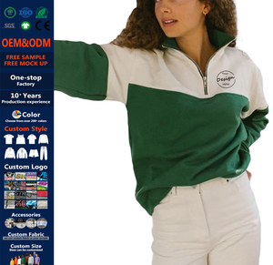 Logo ricamato 3D personalizzato due colori felpe con <span class=keywords><strong>Zip</strong></span> a quarti da donna Color Block bianco verde 1/3 collo caldo con cerniera felpe - Product Image 1
