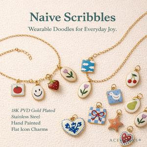 Ciondolo in Acciaio Inox Dipinto a Mano Stile Naif | Placcatura Oro PVD 18K | Impermeabile e Resistente per Creazione Gioielli - Product Image 6