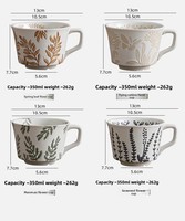 Taza de Café Vintage de Cerámica y Porcelana Simple y Elegante, 11 oz, 1 Unidad, Color Marrón con Diseño de Hoja, Apta para Lavavajillas/Microondas, Apta para Congelador, Resistente al Calor