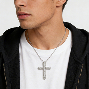 CUSTOM SILVER 10K/14K/18K GOLD PLATED LAB GROWN CVD DIAMOND CLASSIC ENGAGEMENT GIFT SWEATER <b>CHAIN</b> NECKLACE <b>CROSS</b> PENDANT - Product Image 5