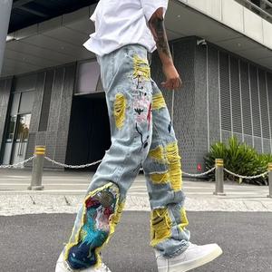 กางเกงขากระบอกทรงตรงปักลายสำหรับผู้ชายกางเกงยีนส์ผ้าเดนิมผ้าฮิปฮอปดีไซน์สตรีทสไตล์ฮิปฮอปซักลาย3D - Product Image 4
