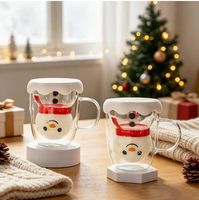 Tasse en verre à double paroi Père Noël avec poignée transparente, couvercle en forme de boule de neige et motif flocon de neige