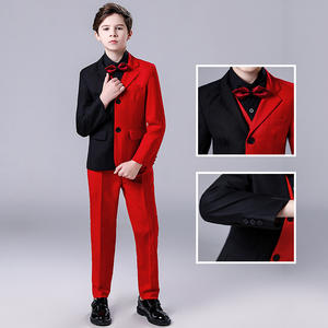 Rojo Negro Contraste Color Hombres Cena Tails Niños Formal <span class=keywords><strong>Tuxido</strong></span> Vestido Trajes Niños Navidad Blazer Set Niños Ropa de boda - Product Image 3