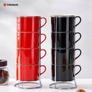 Tazas de Espresso de Cerámica Personalizadas con Platos, Tazas de Capuchino Apilables de 5 oz con Soporte Metálico para Café, Latte y Té, Juego de 4 - Product Image 1