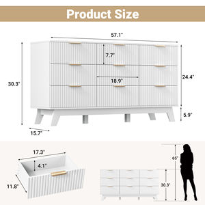 Commode moderne en bois massif à 9 tiroirs, façades de tiroirs cannelées, poignées dorées en acier inoxydable, conception anti-chute pour chambre et salon - Product Image 6