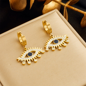 Eye Shape Gold Plated Drop Earrings With Blue Stone And Crystal Inlay For Fashion Jewelry - Product Image 1