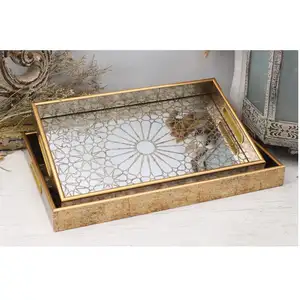 sun and star patterns printed glass mirror base serving tray