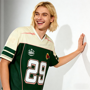 เสื้อยืดผู้ชายทรงปกติ สไตล์เรโทร ลายพิมพ์อเมริกัน ผ้าเจอร์ซีย์ แขนสั้น ทรงสี่เหลี่ยม ตาข่าย ระบายอากาศ สวมใส่สบาย สไตล์สตรีท สปอร์ต ฟุตบอล 100% - Product Image 4