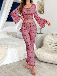 2025 Elegant Women's Casual Rose Print Long Sleeve Shirts Ruffles Pants <strong>Crop</strong> Top Crew Neck Fashionable Pyjama Sets Women - Product Image 4