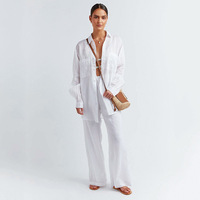 Nouvel ensemble deux pièces en coton et lin uni pour l'été 2023 – Chemise à manches longues et pantalon décontracté pour femme, style européen et américain, idéal pour le commerce international.