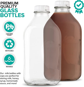 Bouteille en verre carrée à rayures verticales de 64 oz (2 L) avec bouchon <span class=keywords><strong>blanc</strong></span>, récipient de qualité alimentaire pour le stockage du lait, du jus, de l'huile de cuisson et du <span class=keywords><strong>vinaigre</strong></span> - Product Image 1